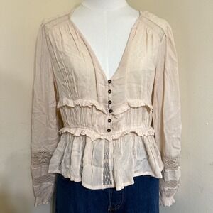 American Eagle Boho Lace Peplum Blouse Cream V-Neck Button Front Top XS
